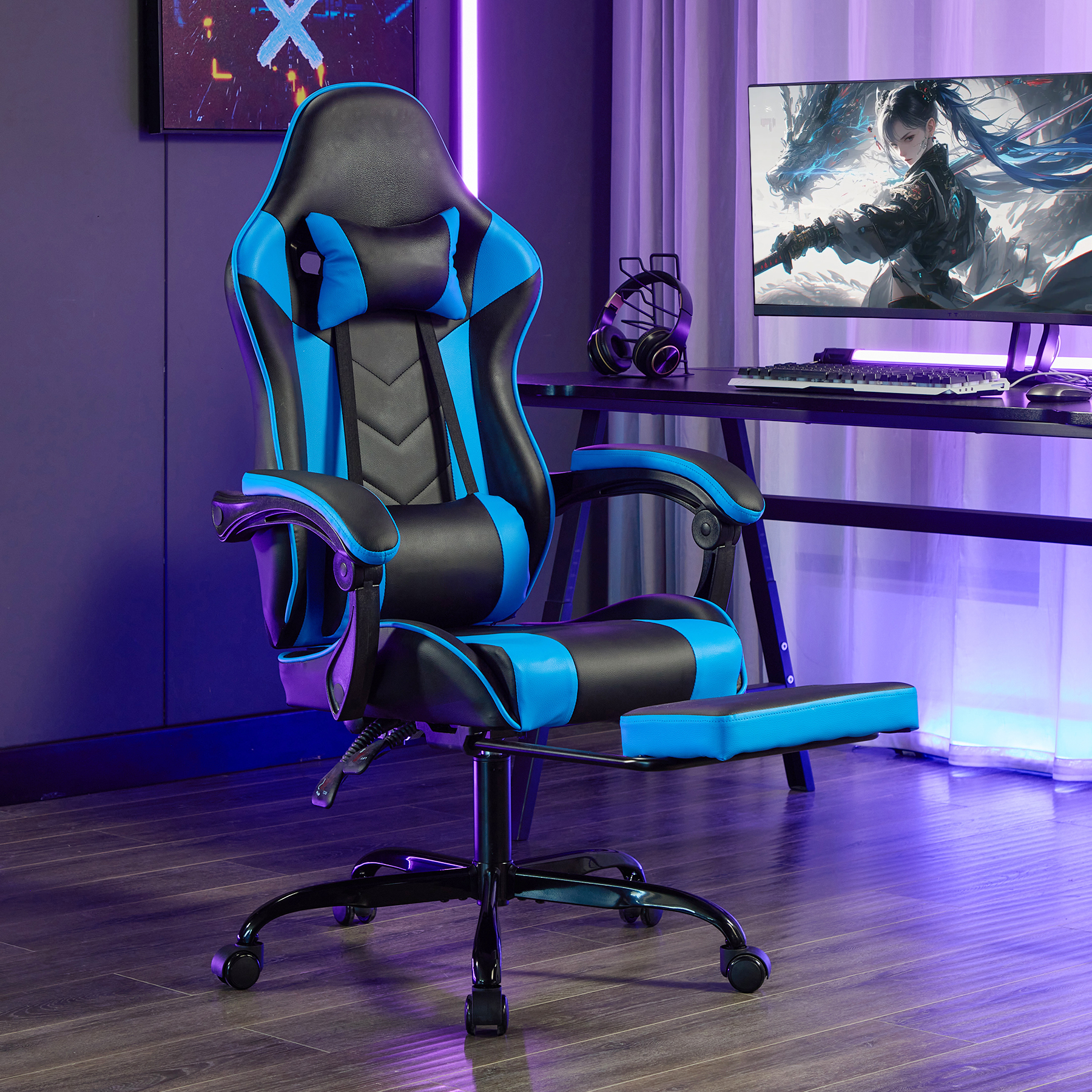 Gaming Chair with Footrest, Ergonomic Computer Chair with Headrest and Lumbar Support, Breathable Material Height Adjustable Video Game Chairs for Adults, Blackblue Gaming Chair with Footrest, Ergonomic Computer Chair with Headrest and Lumbar Support, Breathable Material Height Adjustable Video Game Chairs for Adults, Blackblue