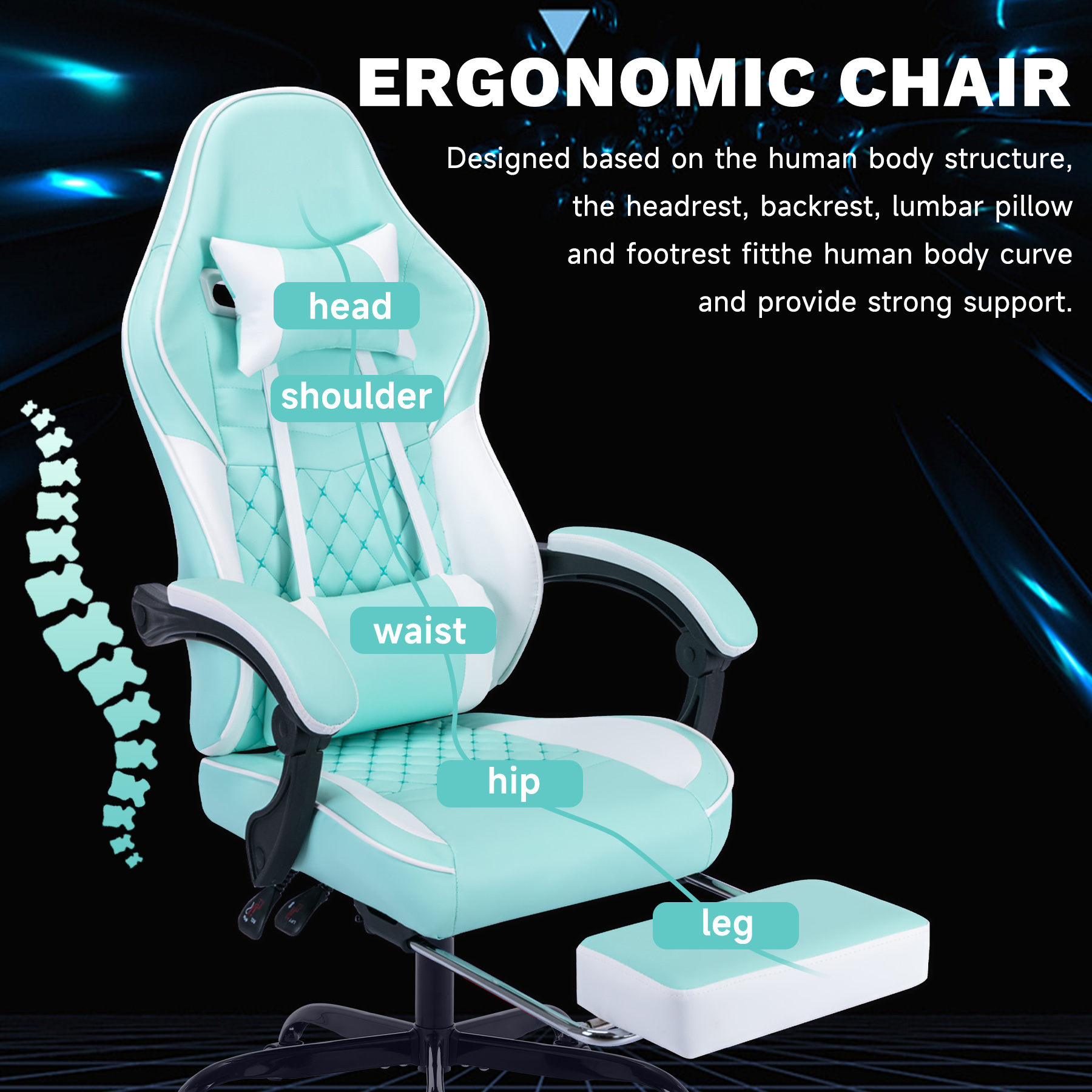 Ergonomic Video Gamer Chairs,Computer Gaming Chairs with Massage Lumbar Support and footrest,Racing Style Computer Chair Adjustable Headrest for Adults,GREEN Ergonomic Video Gamer Chairs,Computer Gaming Chairs with Massage Lumbar Support and footrest,Racing Style Computer Chair Adjustable Headrest for Adults,GREEN
