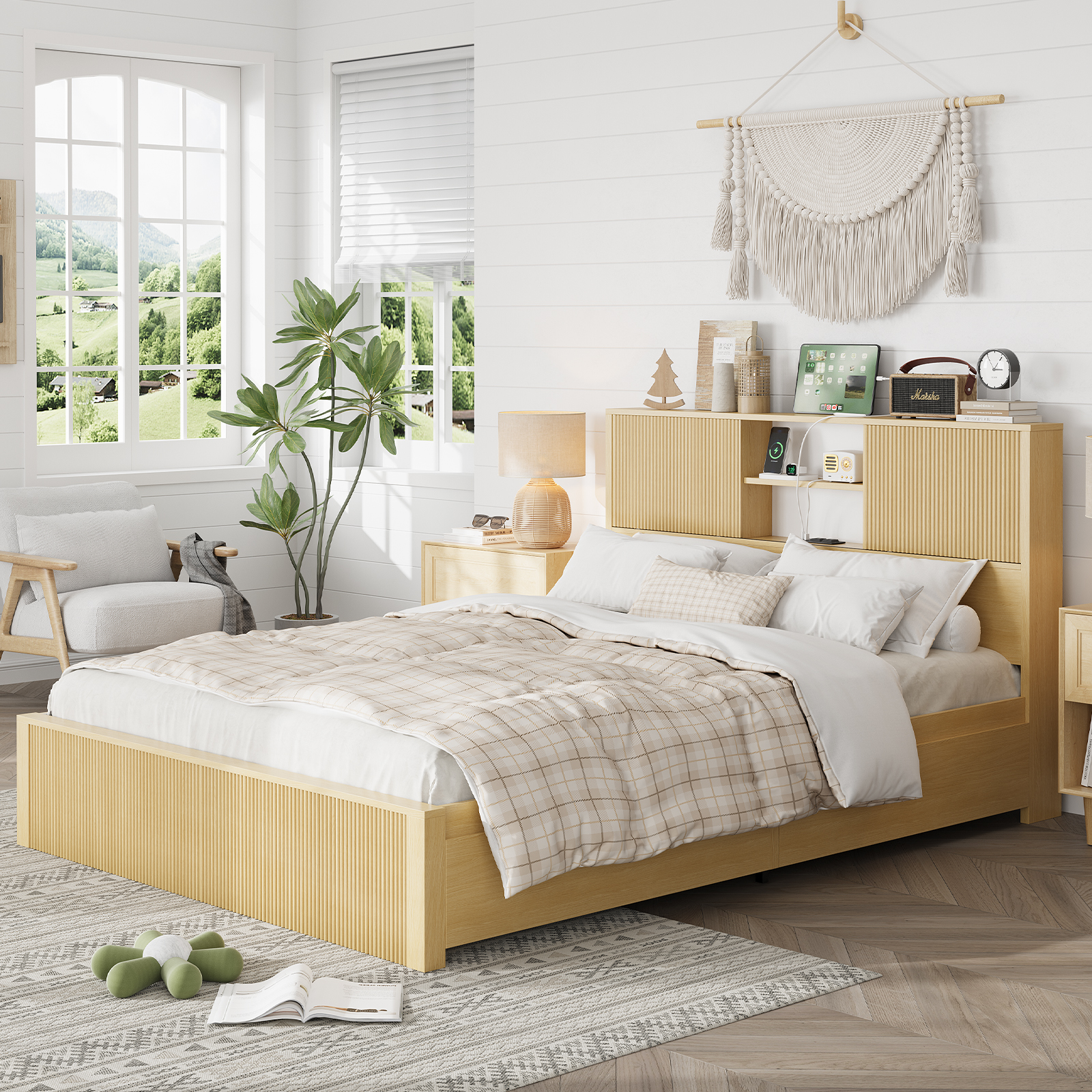 Queen Size Bed Frames with 4 Storage Drawers & 2-Tier Storage Headboards & Built-in USB Ports & Power Outlets, Metal Bed Frames Nox Box Spring Needed, Oak Queen Size Bed Frames with 4 Storage Drawers & 2-Tier Storage Headboards & Built-in USB Ports & Power Outlets, Metal Bed Frames Nox Box Spring Needed, Oak