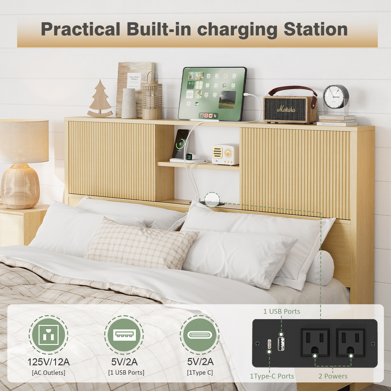 Queen Size Bed Frames with 4 Storage Drawers & 2-Tier Storage Headboards & Built-in USB Ports & Power Outlets, Metal Bed Frames Nox Box Spring Needed, Oak Queen Size Bed Frames with 4 Storage Drawers & 2-Tier Storage Headboards & Built-in USB Ports & Power Outlets, Metal Bed Frames Nox Box Spring Needed, Oak