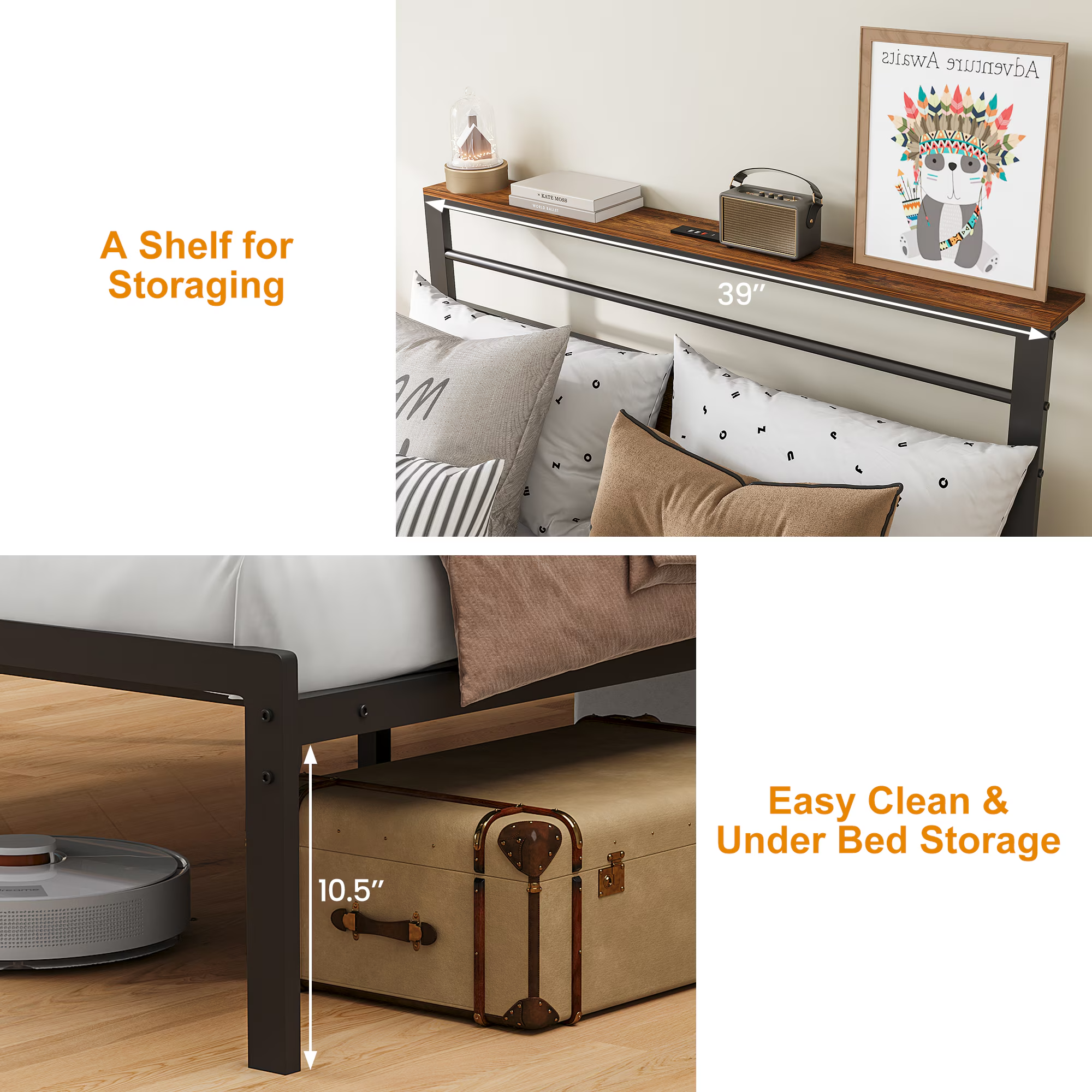 Twin Size Bed Frame with Headboard and Storage Shelf, Metal Bed, Upholstered Wooden Beds with Charging Station, Sturdy Frames for Bedroom Furniture, No Box Spring Needed, Black Twin Size Bed Frame with Headboard and Storage Shelf, Metal Bed, Upholstered Wooden Beds with Charging Station, Sturdy Frames for Bedroom Furniture, No Box Spring Needed, Black