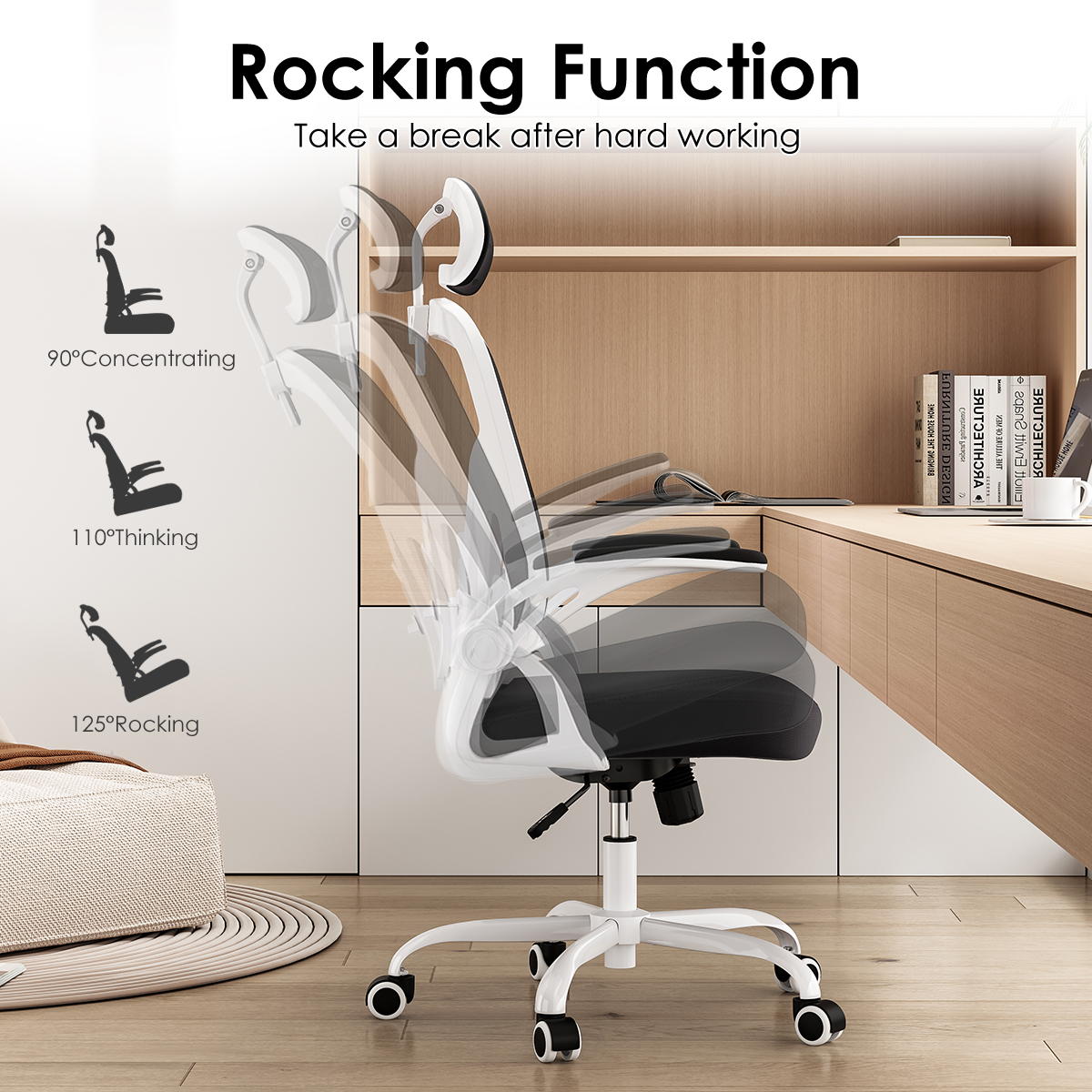 Ergonomic Office Chair, Home Office Desk Chair with Headrest, High Back Computer Chair with Armrests and Adjustable Lumbar Support for Home Office Study Room, White & Black Ergonomic Office Chair, Home Office Desk Chair with Headrest, High Back Computer Chair with Armrests and Adjustable Lumbar Support for Home Office Study Room, White & Black