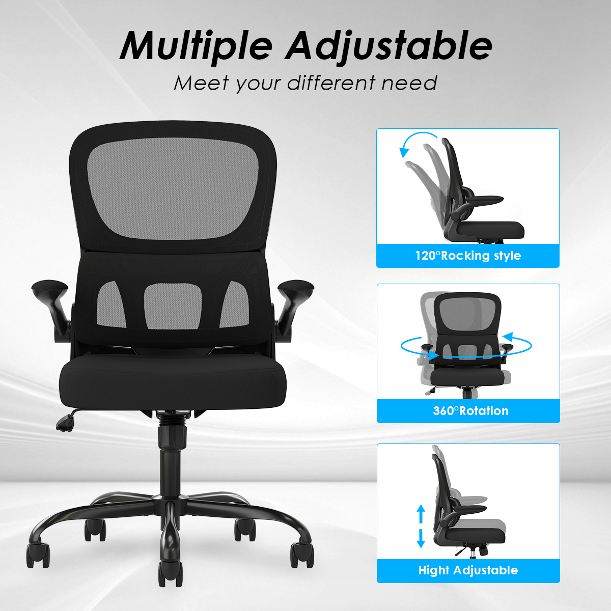 Office Chair, Mesh Ergonomic Office Chair with Lumbar Support, Comfy Computer Desk Chair with Flip Armrest Rolling Wheels for Home Study Room Office, Black & Black Office Chair, Mesh Ergonomic Office Chair with Lumbar Support, Comfy Computer Desk Chair with Flip Armrest Rolling Wheels for Home Study Room Office, Black & Black