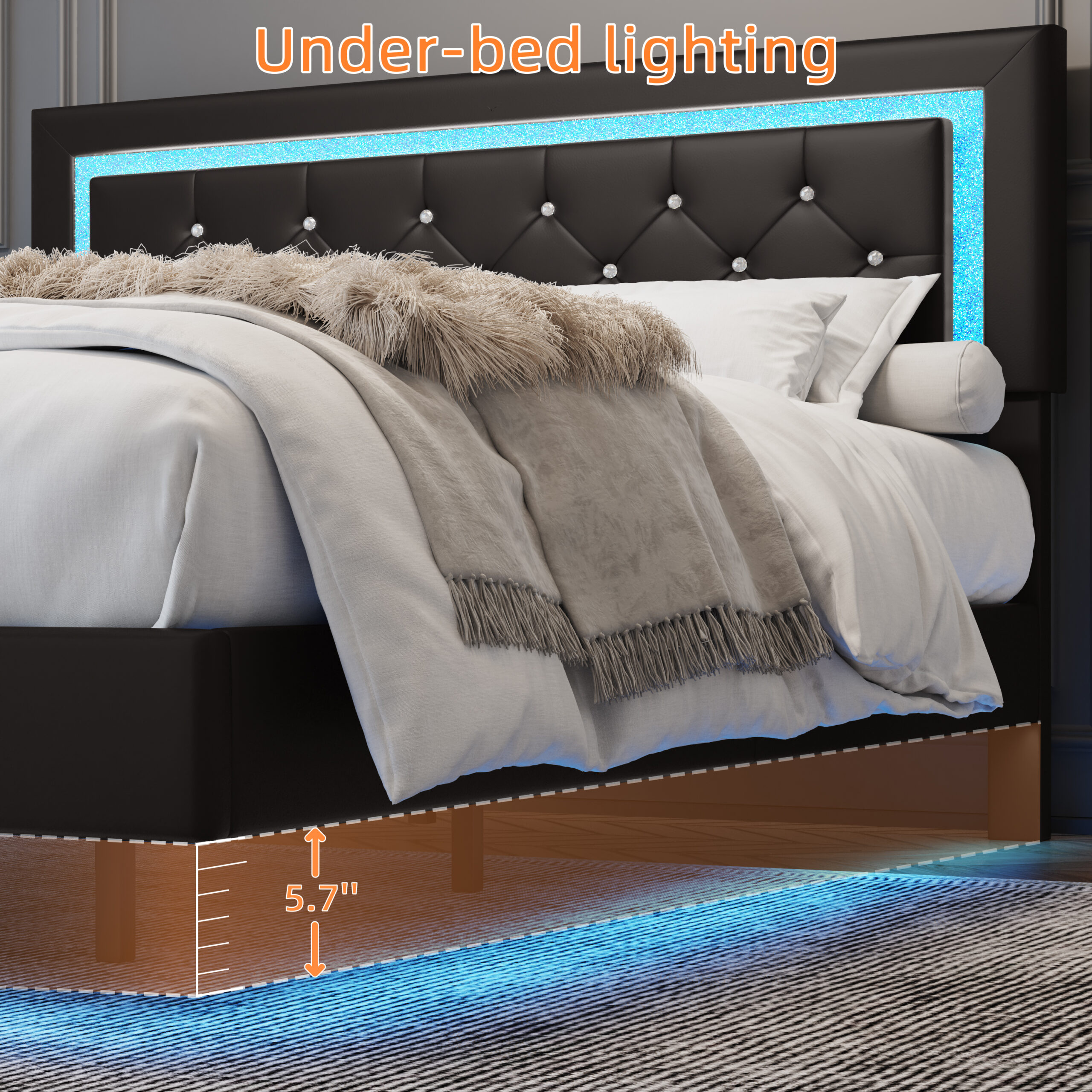 Full Size Bed Frame with Headboard, Floating Bed Frame with LED Lights, Upholstered Platform Bed with Diamond Tufted Headboard, No Box Spring Required, Black Full Size Bed Frame with Headboard, Floating Bed Frame with LED Lights, Upholstered Platform Bed with Diamond Tufted Headboard, No Box Spring Required, Black