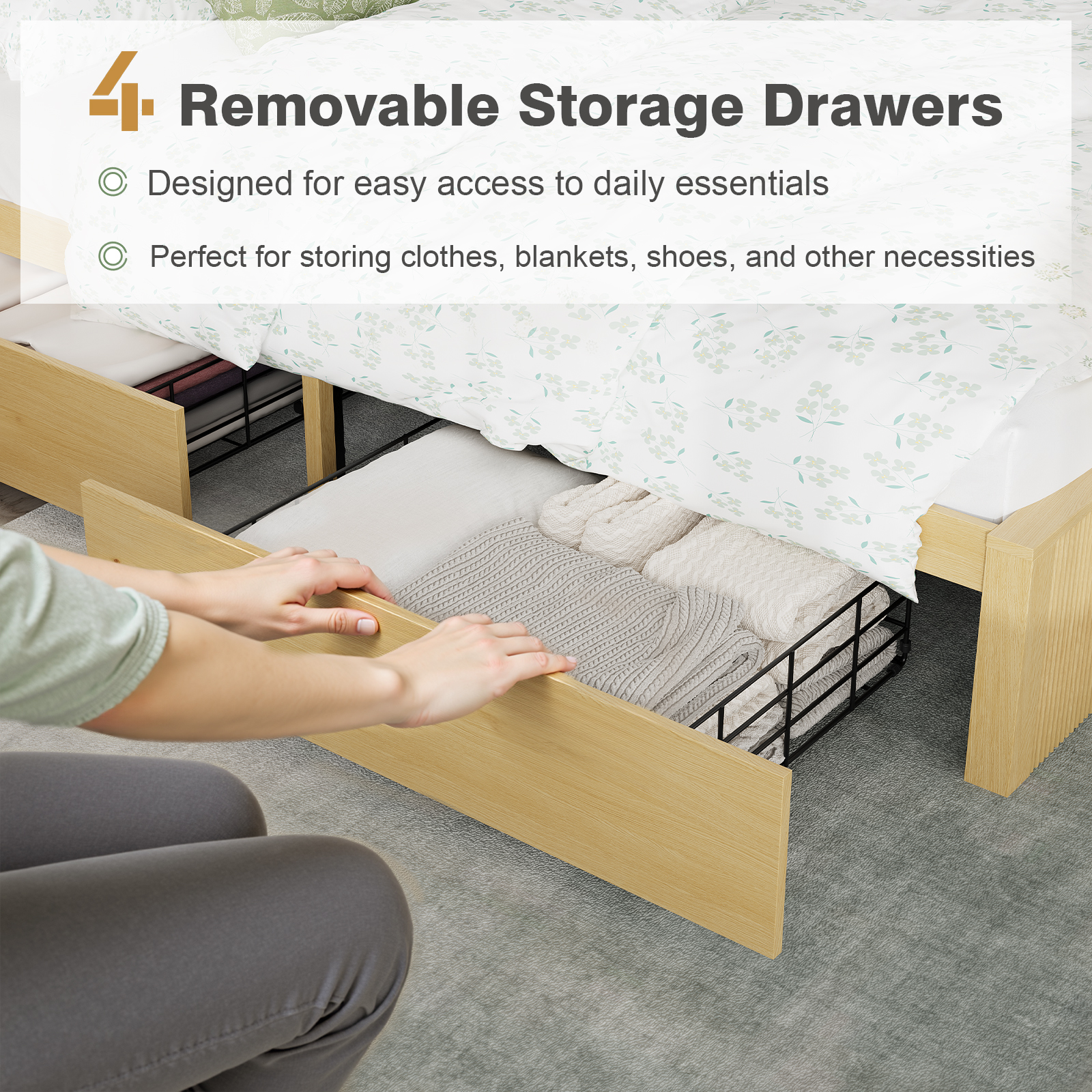 Queen Size Bed Frames with 4 Storage Drawers & 2-Tier Storage Headboards & Built-in USB Ports & Power Outlets, Metal Bed Frames Nox Box Spring Needed, Oak Queen Size Bed Frames with 4 Storage Drawers & 2-Tier Storage Headboards & Built-in USB Ports & Power Outlets, Metal Bed Frames Nox Box Spring Needed, Oak