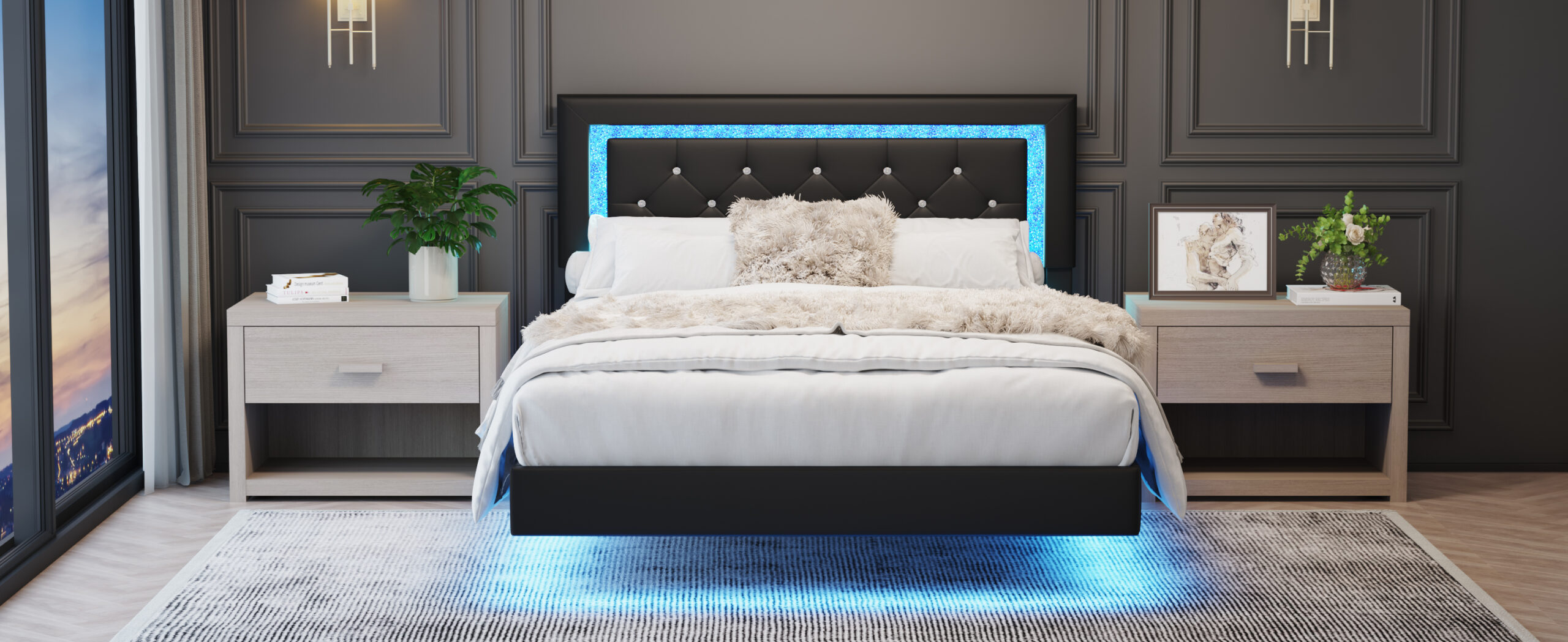 Full Size Bed Frame with Headboard, Floating Bed Frame with LED Lights, Upholstered Platform Bed with Diamond Tufted Headboard, No Box Spring Required, Black Full Size Bed Frame with Headboard, Floating Bed Frame with LED Lights, Upholstered Platform Bed with Diamond Tufted Headboard, No Box Spring Required, Black