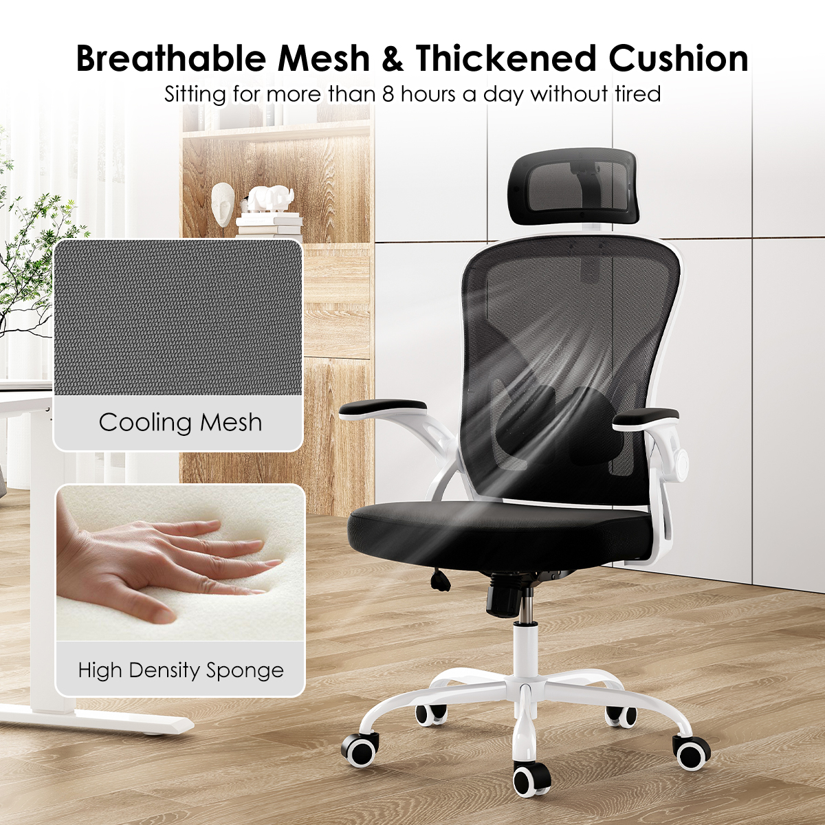 Ergonomic Office Chair, Home Office Desk Chair with Headrest, High Back Computer Chair with Armrests and Adjustable Lumbar Support for Home Office Study Room, White & Black Ergonomic Office Chair, Home Office Desk Chair with Headrest, High Back Computer Chair with Armrests and Adjustable Lumbar Support for Home Office Study Room, White & Black