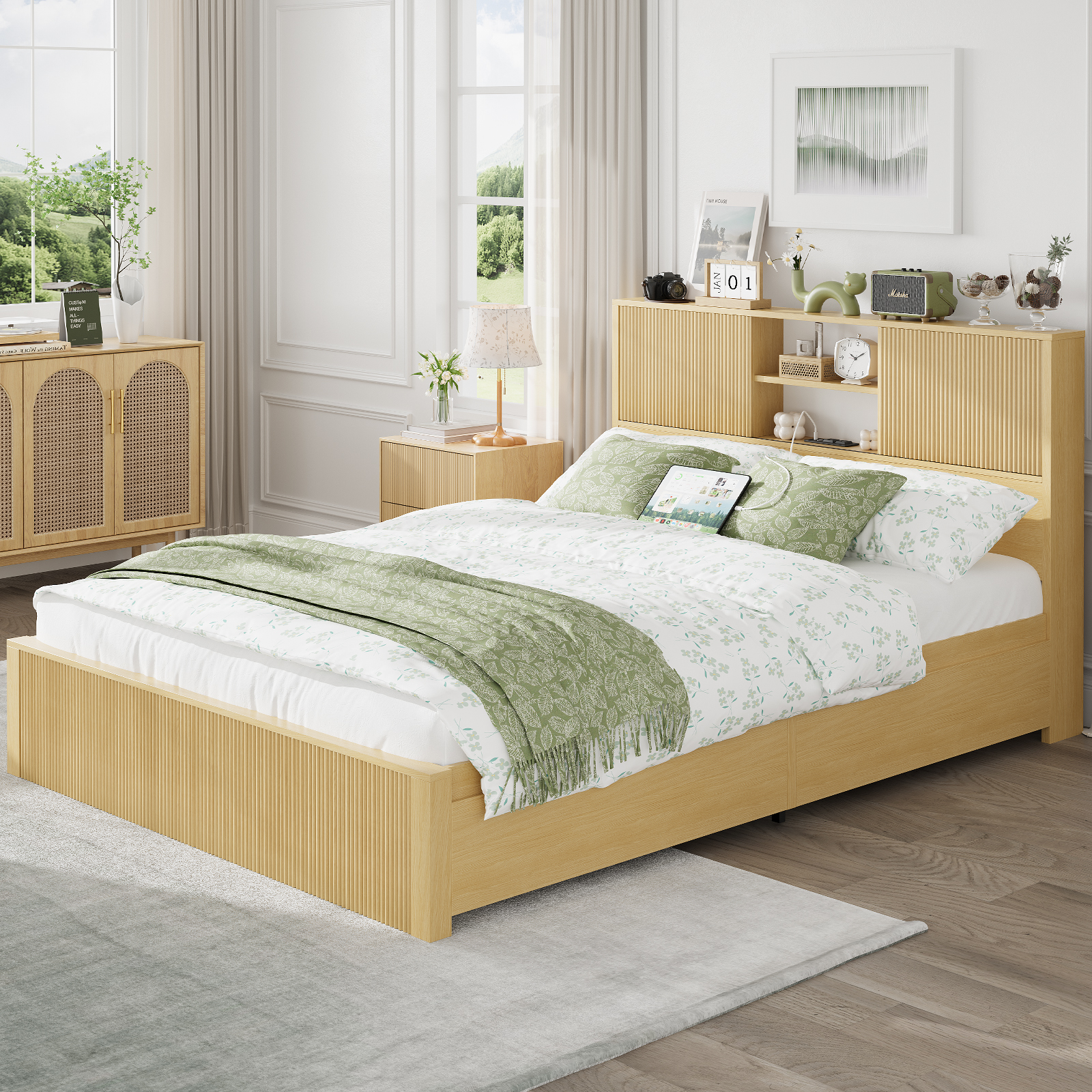 Queen Size Bed Frames with 4 Storage Drawers & 2-Tier Storage Headboards & Built-in USB Ports & Power Outlets, Metal Bed Frames Nox Box Spring Needed, Oak Queen Size Bed Frames with 4 Storage Drawers & 2-Tier Storage Headboards & Built-in USB Ports & Power Outlets, Metal Bed Frames Nox Box Spring Needed, Oak
