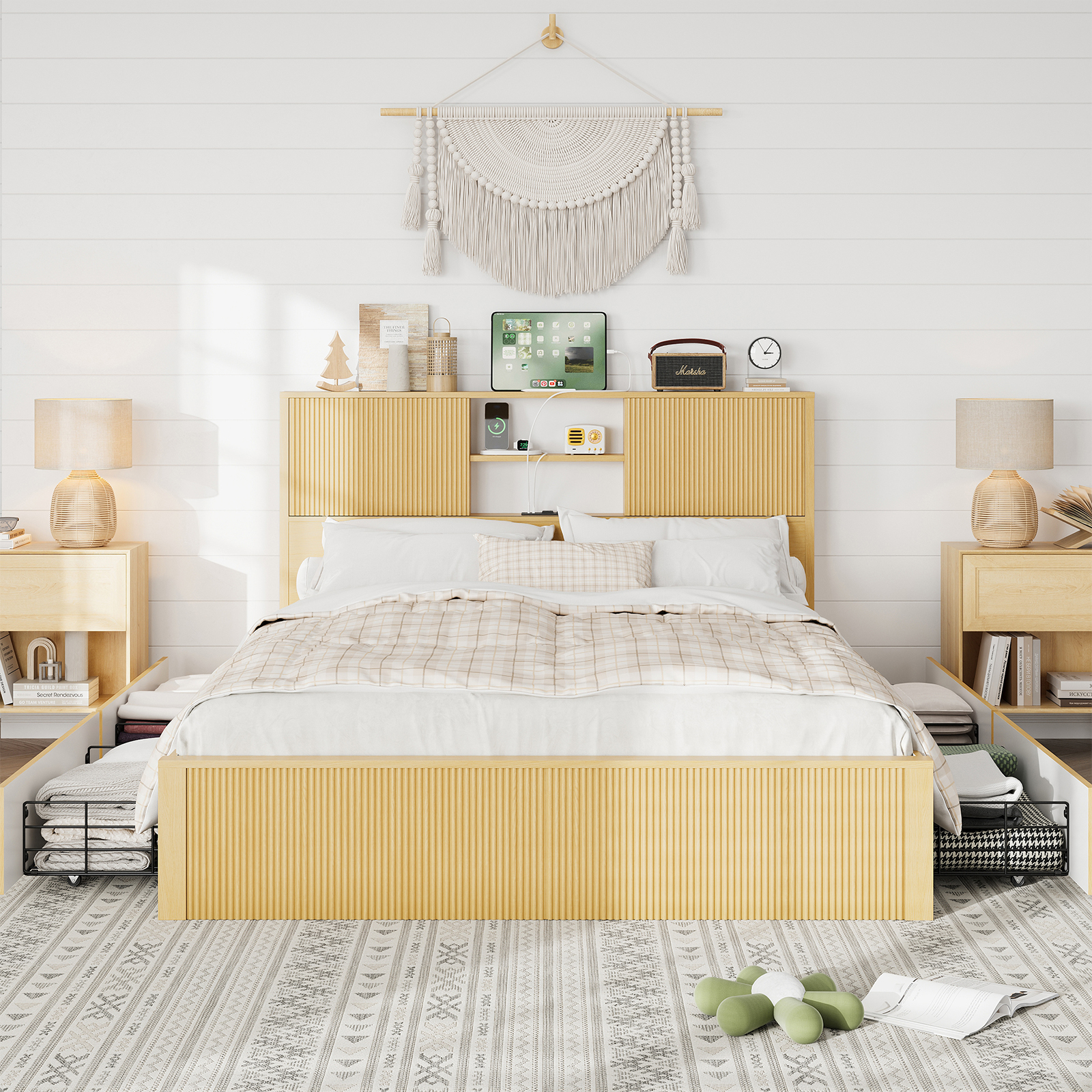 Queen Size Bed Frames with 4 Storage Drawers & 2-Tier Storage Headboards & Built-in USB Ports & Power Outlets, Metal Bed Frames Nox Box Spring Needed, Oak Queen Size Bed Frames with 4 Storage Drawers & 2-Tier Storage Headboards & Built-in USB Ports & Power Outlets, Metal Bed Frames Nox Box Spring Needed, Oak