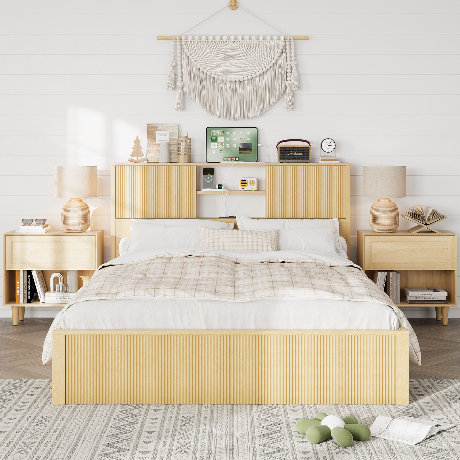 Queen Size Bed Frames with 4 Storage Drawers & 2-Tier Storage Headboards & Built-in USB Ports & Power Outlets, Metal Bed Frames Nox Box Spring Needed, Oak Queen Size Bed Frames with 4 Storage Drawers & 2-Tier Storage Headboards & Built-in USB Ports & Power Outlets, Metal Bed Frames Nox Box Spring Needed, Oak